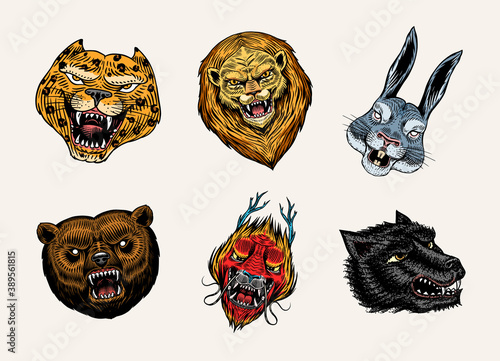 Fashion patches. Tattoo artwork. Bear Dragon Lion Dagger Hare. Hand Drawn Engraved in old vintage sketch. Vector surreal illustration, badges, print for t-shirt.