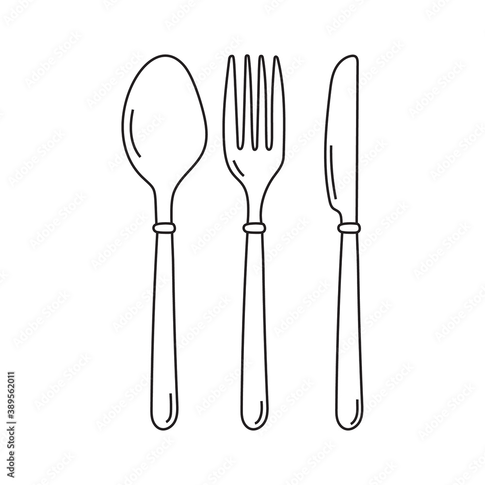 Cutlery knife, fork and spoon vector doodle icons. Isolate on white background. Editable stroke. Cutlery knife, fork and spoon vector doodle icons. Isolate on white background. Editable stroke.