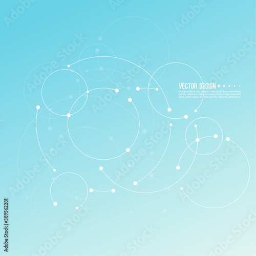 Vector abstract background with overlapping circles and dots. Chaotic motion. Round banner with empty space for text. Node molecule structure. Science and connection concept.