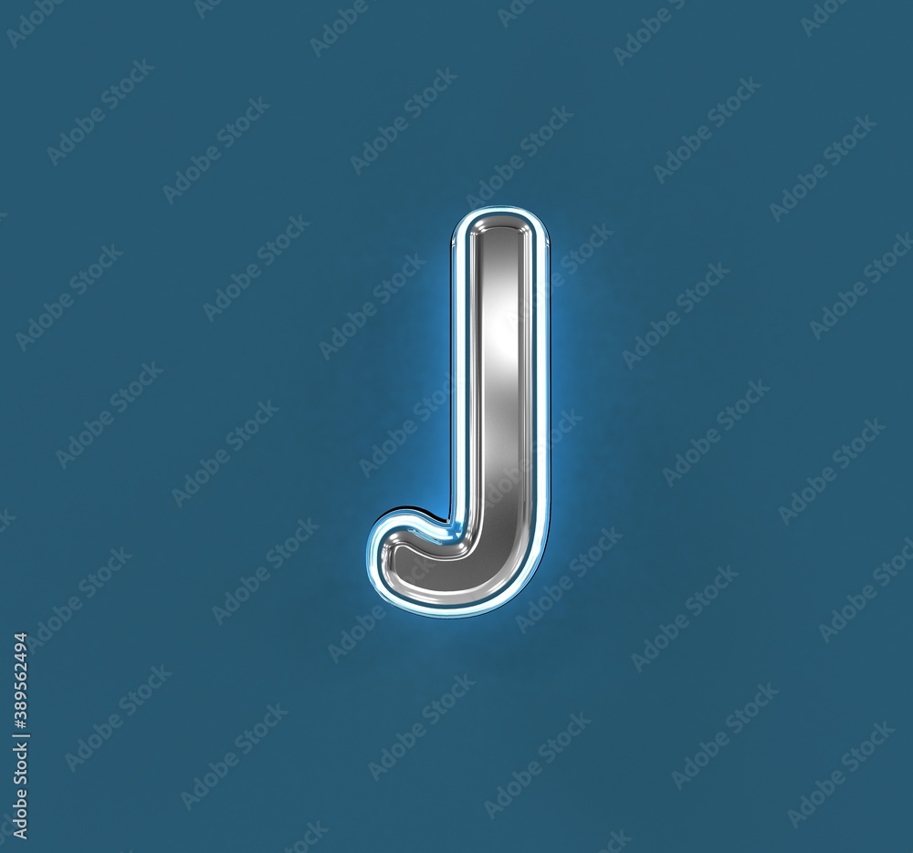 Steel metallic font with white outline and blue noisy backlight - letter J isolated on blue, 3D illustration of symbols Steel metallic font with white outline and blue noisy backlight - letter J isolated on blue, 3D illustration of symbols