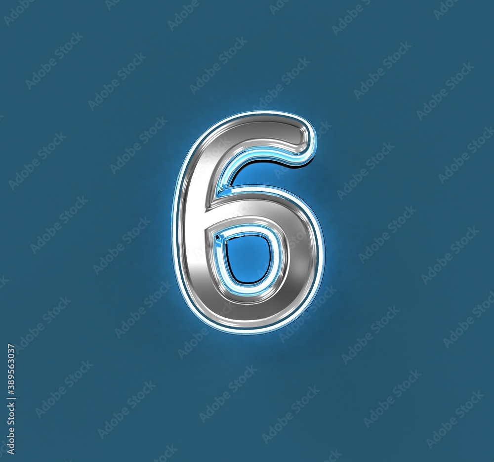 Steel metalline font with white outline and blue backlight - number 6 isolated on blue background, 3D illustration of symbols Steel metalline font with white outline and blue backlight - number 6 isolated on blue background, 3D illustration of symbols
