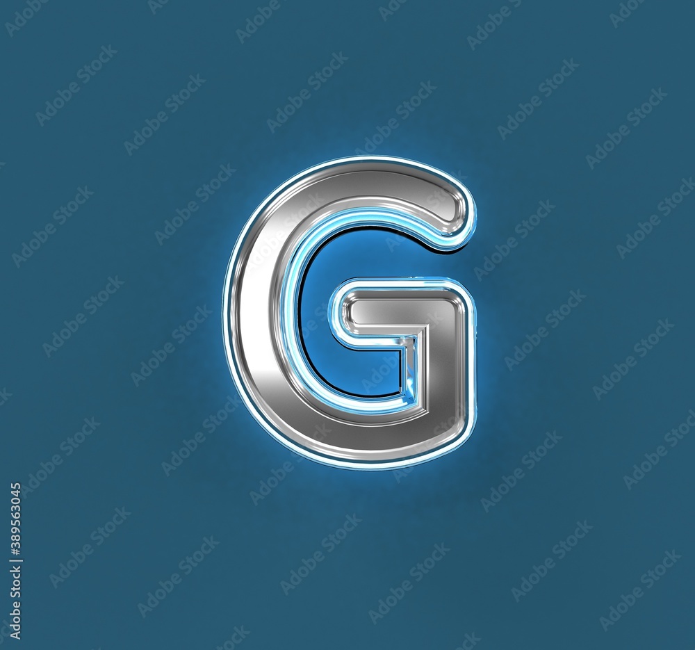Steel metal font with white outline and blue noisy backlight - letter G isolated on blue, 3D illustration of symbols Steel metal font with white outline and blue noisy backlight - letter G isolated on blue, 3D illustration of symbols