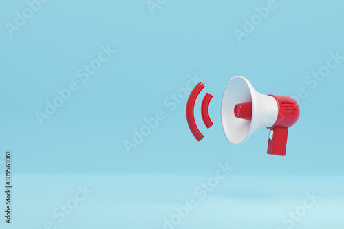 Internet, business, Technology and network concept.3D rendering, Close up red and white Megaphone and loudness icon with shadow, social media marketing symbol concept, isolated on white background.