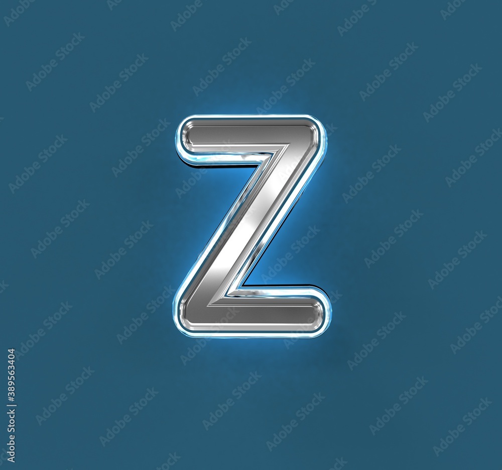 Steel brassy font with white outline and blue backlight - letter Z isolated on blue background, 3D illustration of symbols Steel brassy font with white outline and blue backlight - letter Z isolated on blue background, 3D illustration of symbols