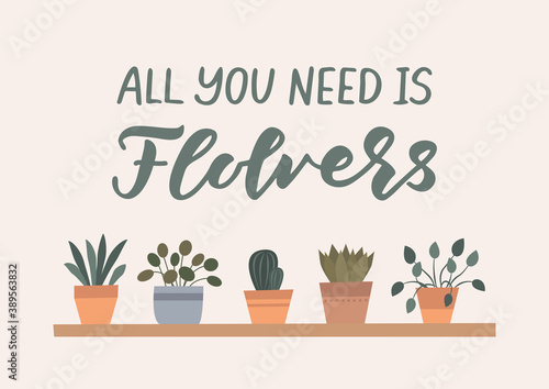House plants flat illustration. All you need is flowers hand lettering.  Set of house plants. Vector illustration