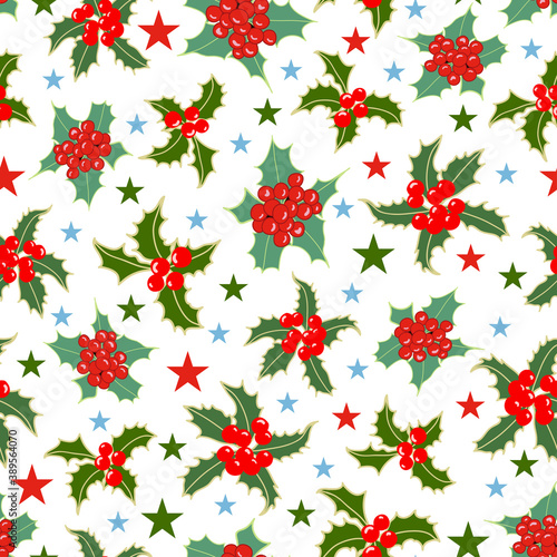 Seamless pattern holly plants and stars
