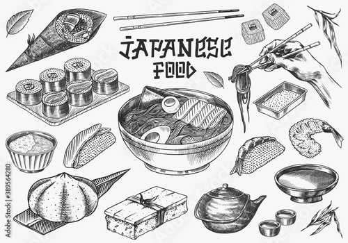 Japanese food set. Sushi bar, ramen noodles, soup in a bowl, roll and dessert, Asian tea. Soy sauce. Hand holds chopsticks. Drawn engraved sketch. Monochrome doodle style. Vector illustration