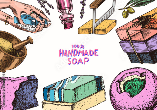 Bubble Bath soap set. Washing hands in vintage style. Homemade packaging. Foam production process. Organic cosmetic, natural lather. Drawn a monochrome engraved sketch for spa label or banner.