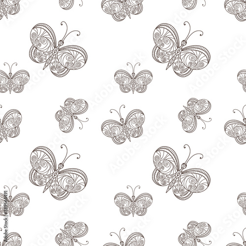 Seamless pattern isolated on white. Butterfly coloring page book. Sketch animal icon isolated on white. Zen vector stock illustration. EPS 10 photo