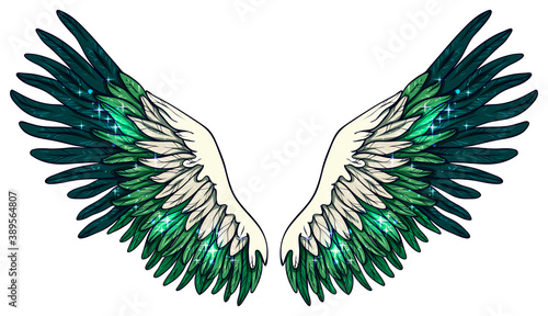 Beautiful magic glittery green wings, vector