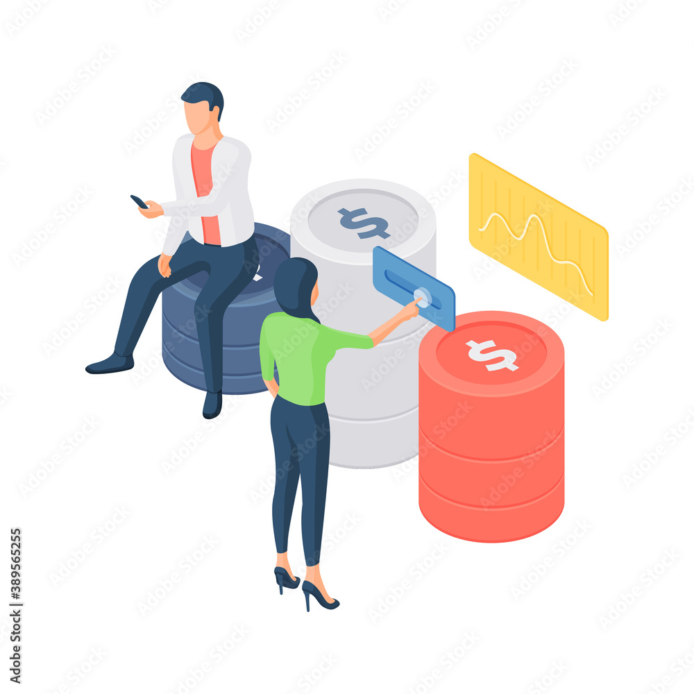 Man with smartphone and woman with diagram near piles of coins Man with smartphone and woman with diagram near piles of coins