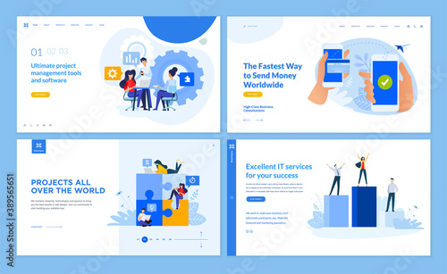 Web page design templates collection of management, e-banking, IT services, crowdsource platform. Vector illustration concepts for website and mobile website development. 