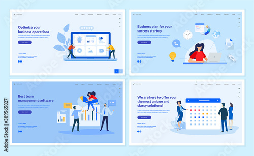 Web page design templates collection of business plan, team management, optimization, news and events. Vector illustration concepts for website and mobile website development. 