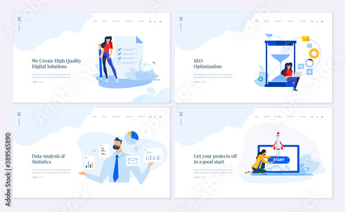 Web page design templates collection of SEO, data analysis and statistics, startup, digital solutions. Vector illustration concepts for website and mobile website development. 