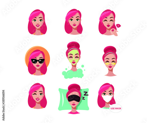 Set of stickers of a beautiful girl with different emotions. Set of vector stickers for networks, social media chat. Flat illustration. Skin care. Use mask. Emoji.