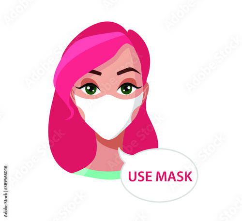 Vector illustration of a girl in a medical mask. Use mask. Coronavirus protection mask.  © Viktoriia