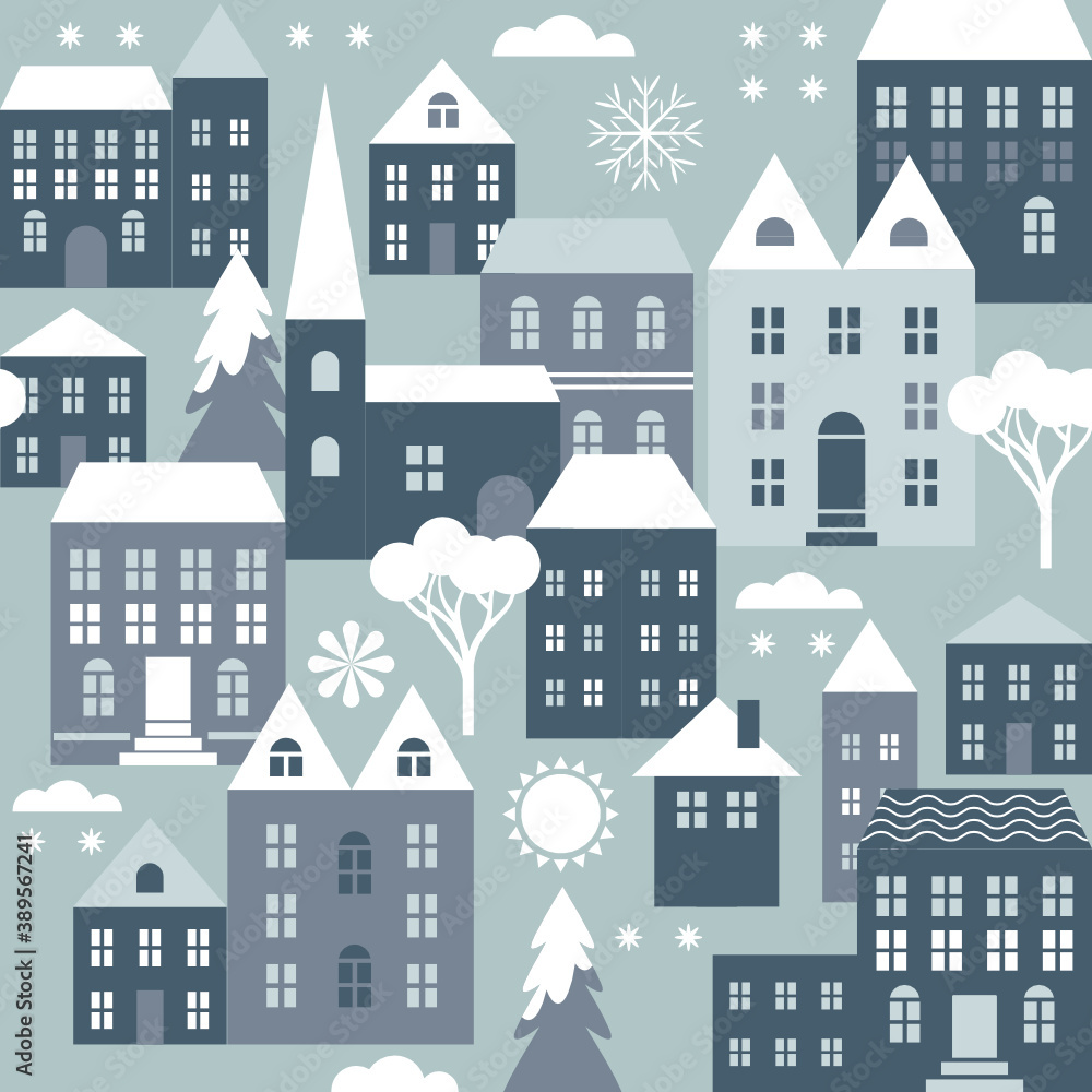 Seamless pattern with houses. Winter time. Christams decoration