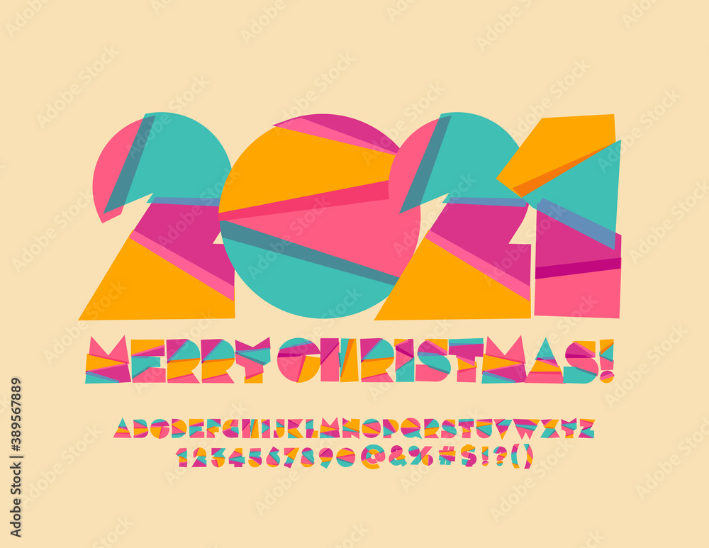 Vector creative greeting card Merry Christmas 20211 Abstract colorful Font. Bright artistic Alphabet Letters and Numbers set