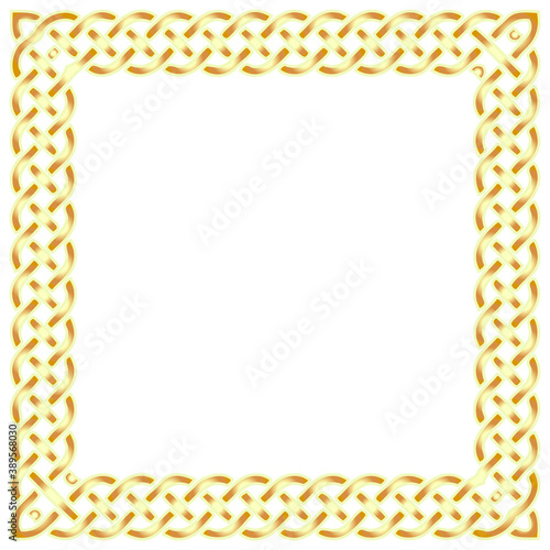 Vector Illustration Art of A Beautiful Golden Square Celtic Style Frame, Isolated on White Background with Copy Space for Text.