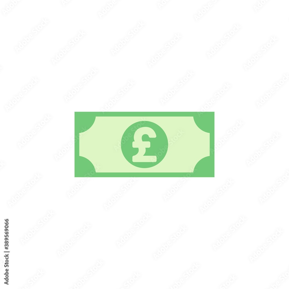 Green bank note with pound sterling sign. Flat icon isolated on white. Money pictogram. Green bank note with pound sterling sign. Flat icon isolated on white. Money pictogram.