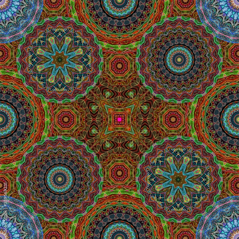 Richly decorated ornament in ethnic style. Colorful seamless pattern with moroccan, arabic, indian motifs. Print for fabric, home textile, wrapping paper.