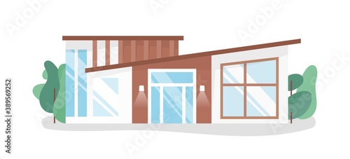 Modern contemporary house design. Simple and minimalist cottage with large french windows. Stylish residential building exterior. Flat vector cartoon illustration isolated on white background