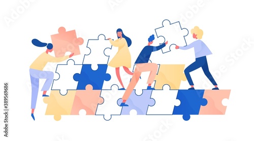 People assembling giant jigsaw puzzle together. Concept of teamwork and employee cooperation. Colleagues support and help. Team challenge. Flat vector cartoon illustration isolated on white