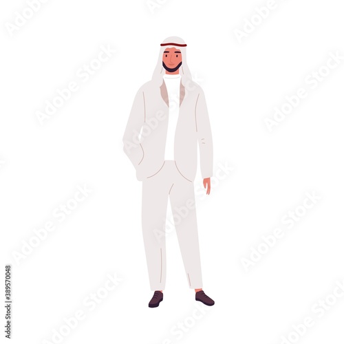 Modern saudi businessman in fashionable suit and shemagh. Arab man wearing trendy outfit. Portrait of male character in formal stylish costume and kufiya. Flat vector cartoon illustration