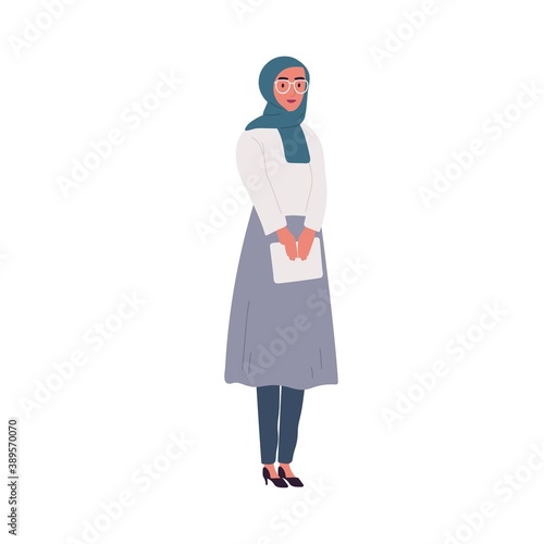 Arab woman in glasses wearing modern outfit. Portrait of female character in formal dress and hijab holding tablet. Stylish businesswoman. Flat vector cartoon illustration isolated on white