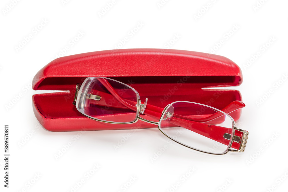 Modern women's eyeglasses and red hard spectacle-case Modern women's eyeglasses and red hard spectacle-case