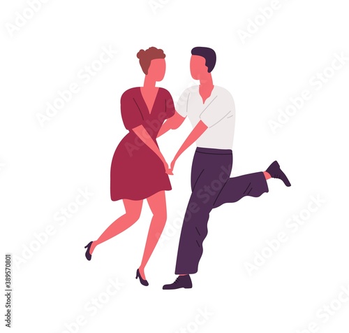 Faceless people holding hands and dancing lindy hop together. Man and woman dance swing or boogie woogie. Retro couple of dancers. Flat vector cartoon illustration isolated on white