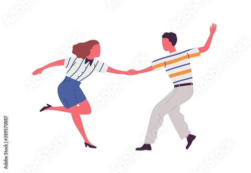 Faceless artistic pair holding hands, dancing lindy hop together. Couple perform swing or jive dance. Man and woman dancers at retro party. Flat vector illustration isolated on white