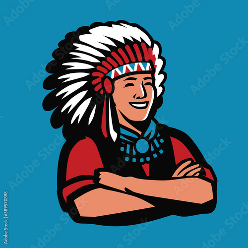 American Indian chief symbol. Warrior mascot cartoon vector illustration