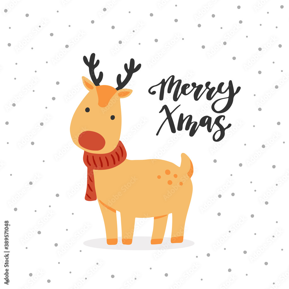 Christmas greeting card design with cartoon Reindeer character, hand drawn design elements, lettering qoute Merry Xmas. Christmas greeting card design with cartoon Reindeer character, hand drawn design elements, lettering qoute Merry Xmas.