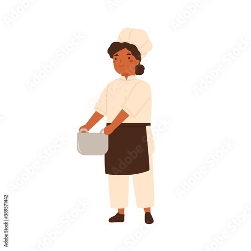 Adorable little chief cook portrait. Cute girl in professional uniform holdin...