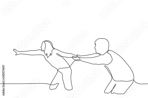 man is trying to hold a woman who is reaching out with her hand somewhere. one line drawing concept a woman is trying to get away from a man, but he does not want to let her go.