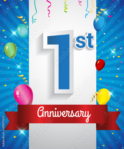 Celebrating 1st Anniversary logo, with confetti and balloons, red ribbon, Colorful Vector design template elements for your invitation card, flyer, banner and poster.