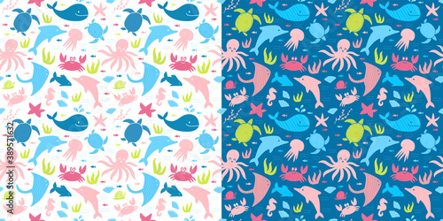 Kids style patterns with sea animals