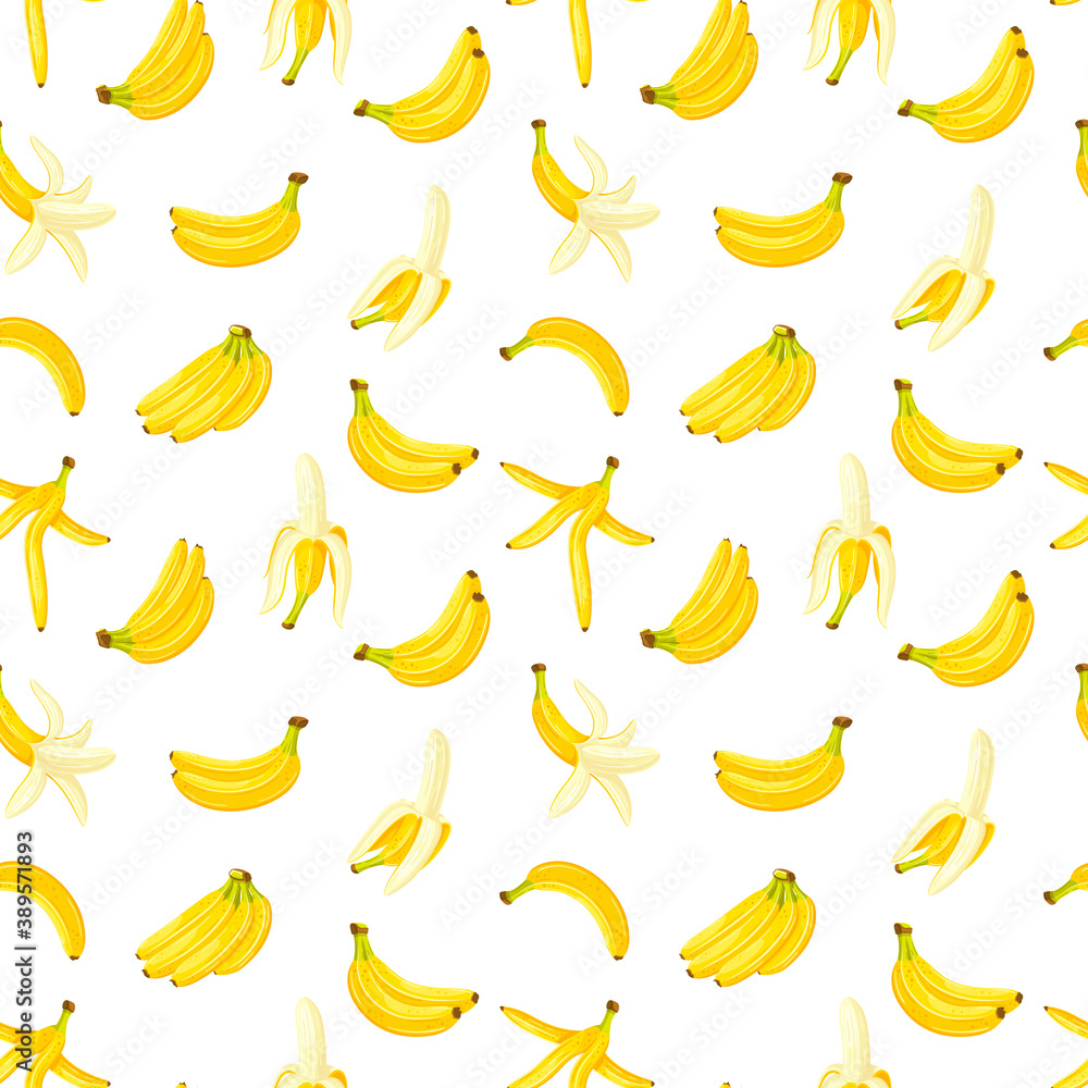 Seamless pattern with a set of bananas isolated on a white background. Cartoon style. Vector illustration