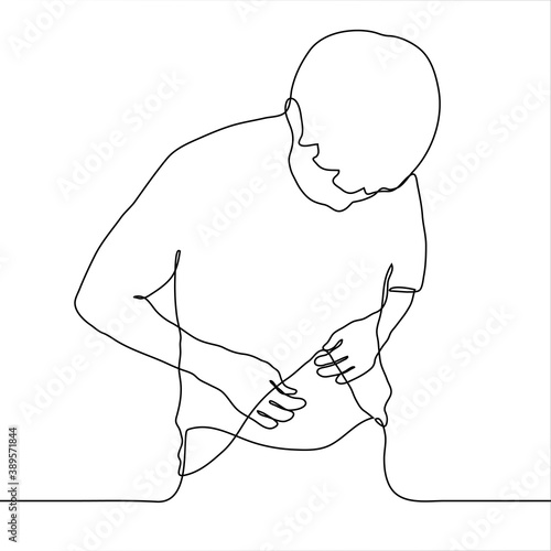 young man stands groping his belly. one line drawing of a man lifted a t-shirt checking belly fat