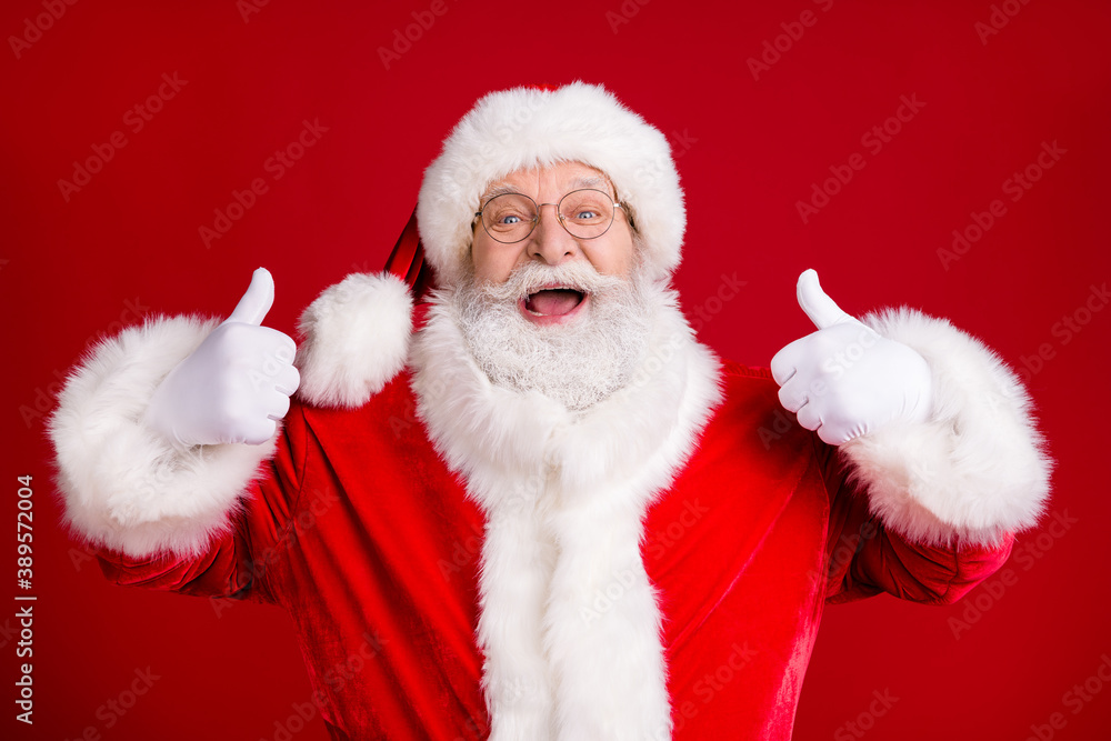 Portrait of crazy funky santa claus show ok sign x-mas tradition fairy sales wear red costume white gloves isolated over bright shine color background