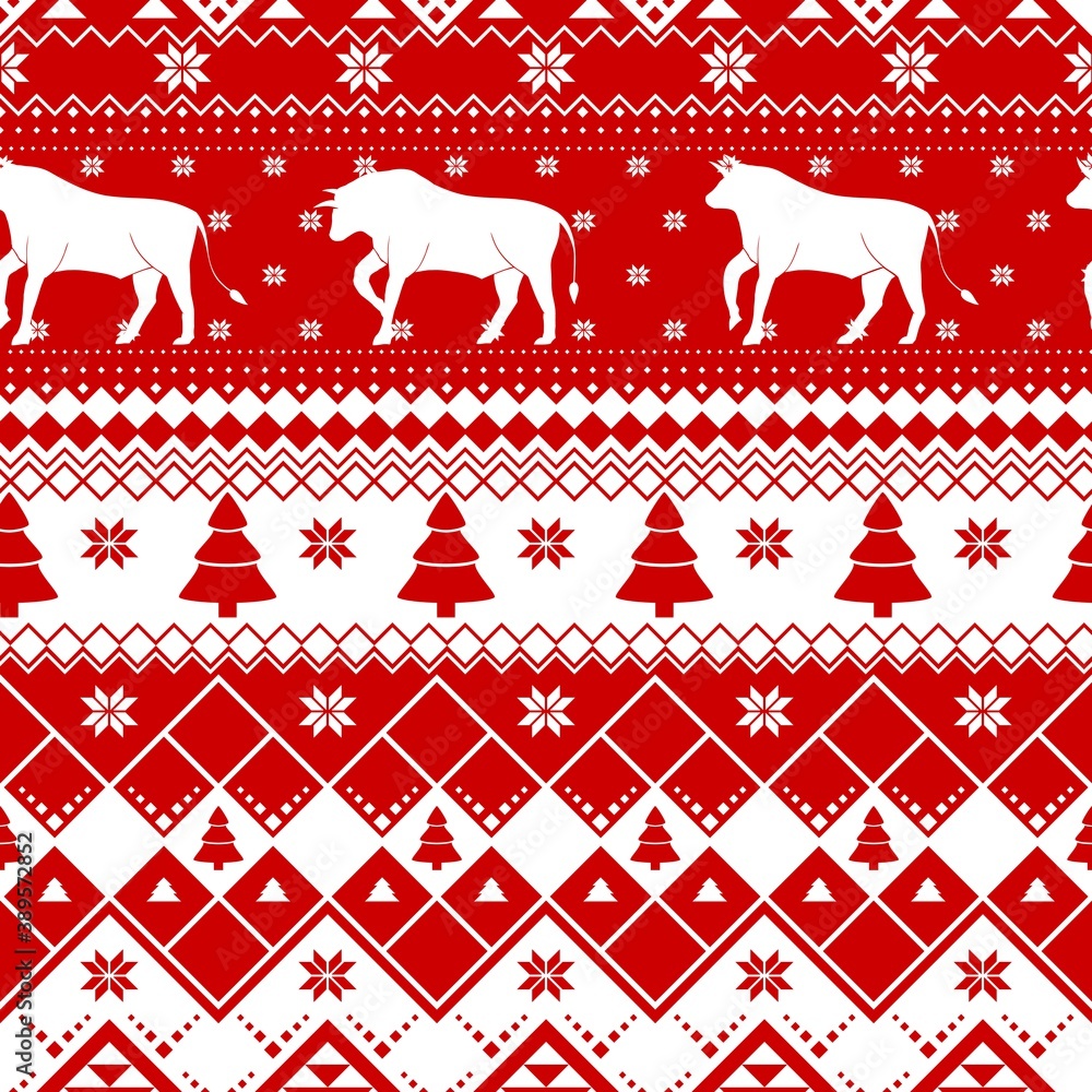 Seamless Christmas pattern - varied Xmas cows with norway ornament. Red and white Happy New Year background. Vector design for winter holidays. Print for fabric. Seamless Christmas pattern - varied Xmas cows with norway ornament. Red and white Happy New Year background. Vector design for winter holidays. Print for fabric.