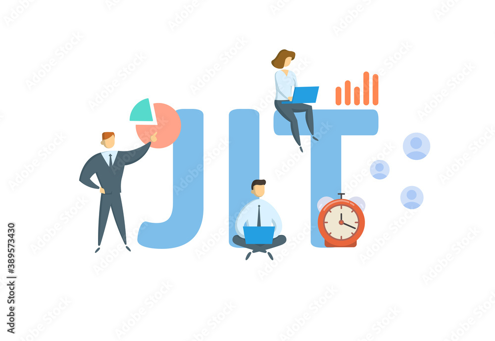 JIT, Just In Time. Concept with keyword, people and icons. Flat vector illustration. Isolated on white background.