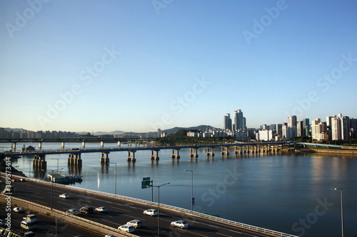 Seoul, South Korea skyline on a hazy day.