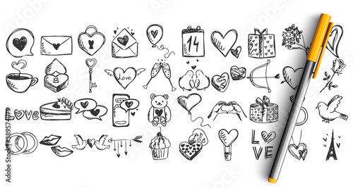 Love doodle set. Collection of pen pencil chalk hand drawn sketches templates patterns of lover letters passioate valentines day greeting cards . Tenderness with heart symbol illustration.