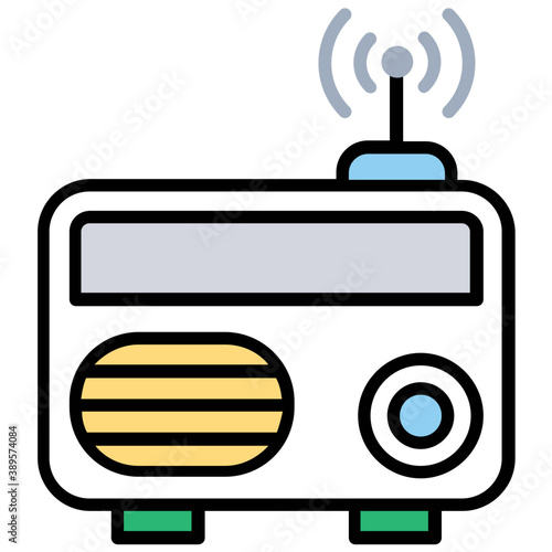 
Vintage radio receiver with antenna, flat vector icon
