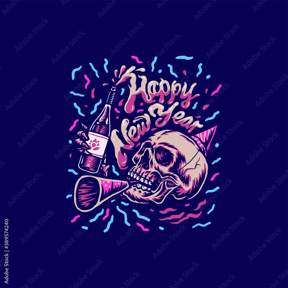 Skull holding bottle, new year celebration, hand drawn line style with digital color, vector illustration