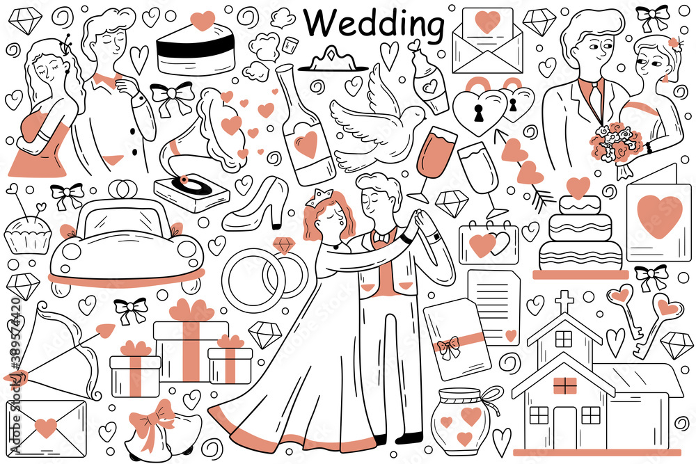 Obraz premium Wedding doodle set. Collection of hand drawn sketches templates patterns of man groom woman bride dancing in marriage ceremony at church together. Engagement party and celebration outline illustration