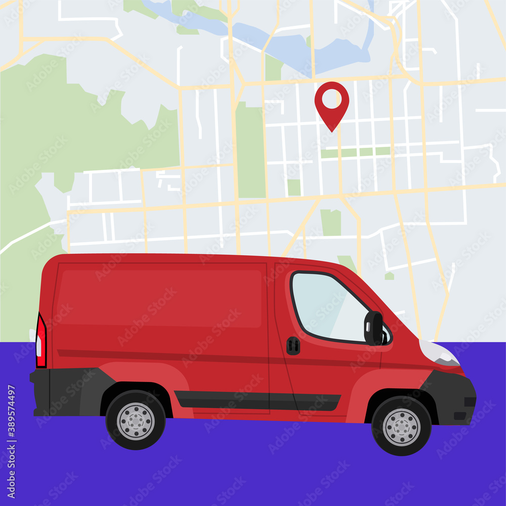 Delivery of goods around the city. Minivan on the background of a city map, place mark. Vector illustration