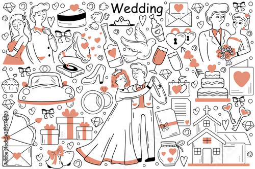 Wedding doodle set. Collection of hand drawn sketches templates patterns of man groom woman bride dancing in marriage ceremony at church together. Engagement party and celebration outline illustration